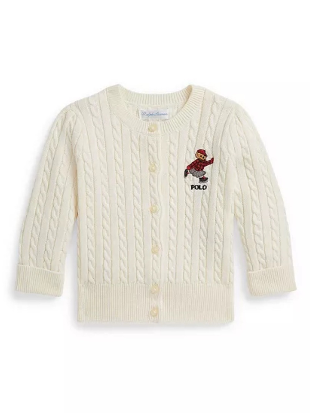 Ralph Lauren Cream Cable Knit Cardigan with Bear Embroidery